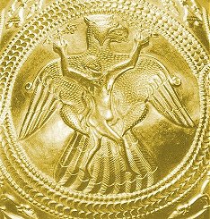 Gold vase detail illustrating the Turul legend (Hungary, 9th c. AD.